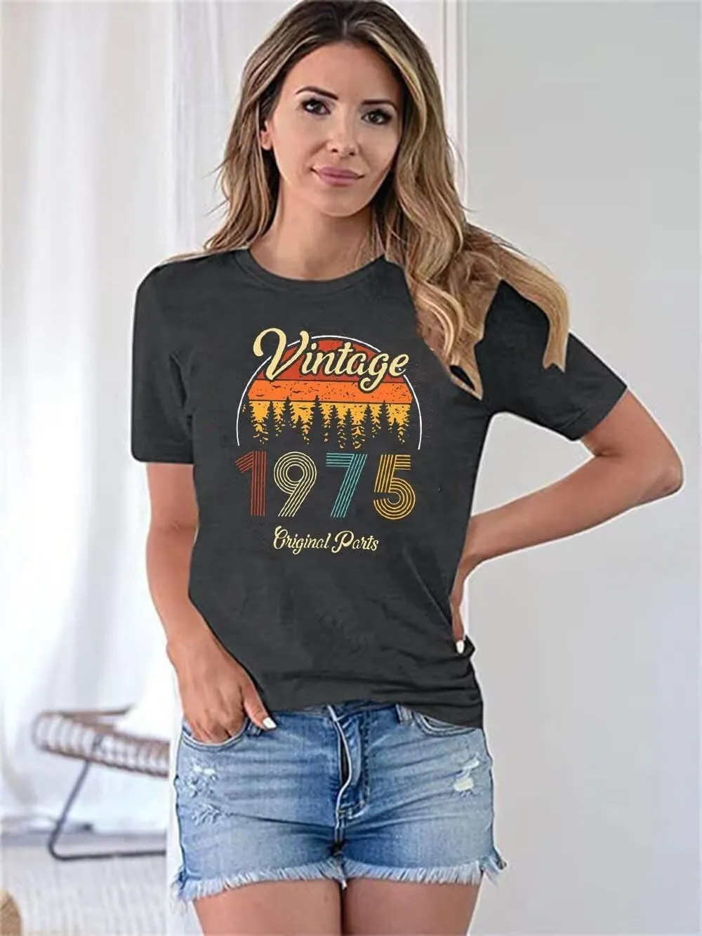 50th Birthday Gift Shirts Vintage 1975 Original Parts Tshirt for Women Letter Print Retro Birthday Casual Tee Tops