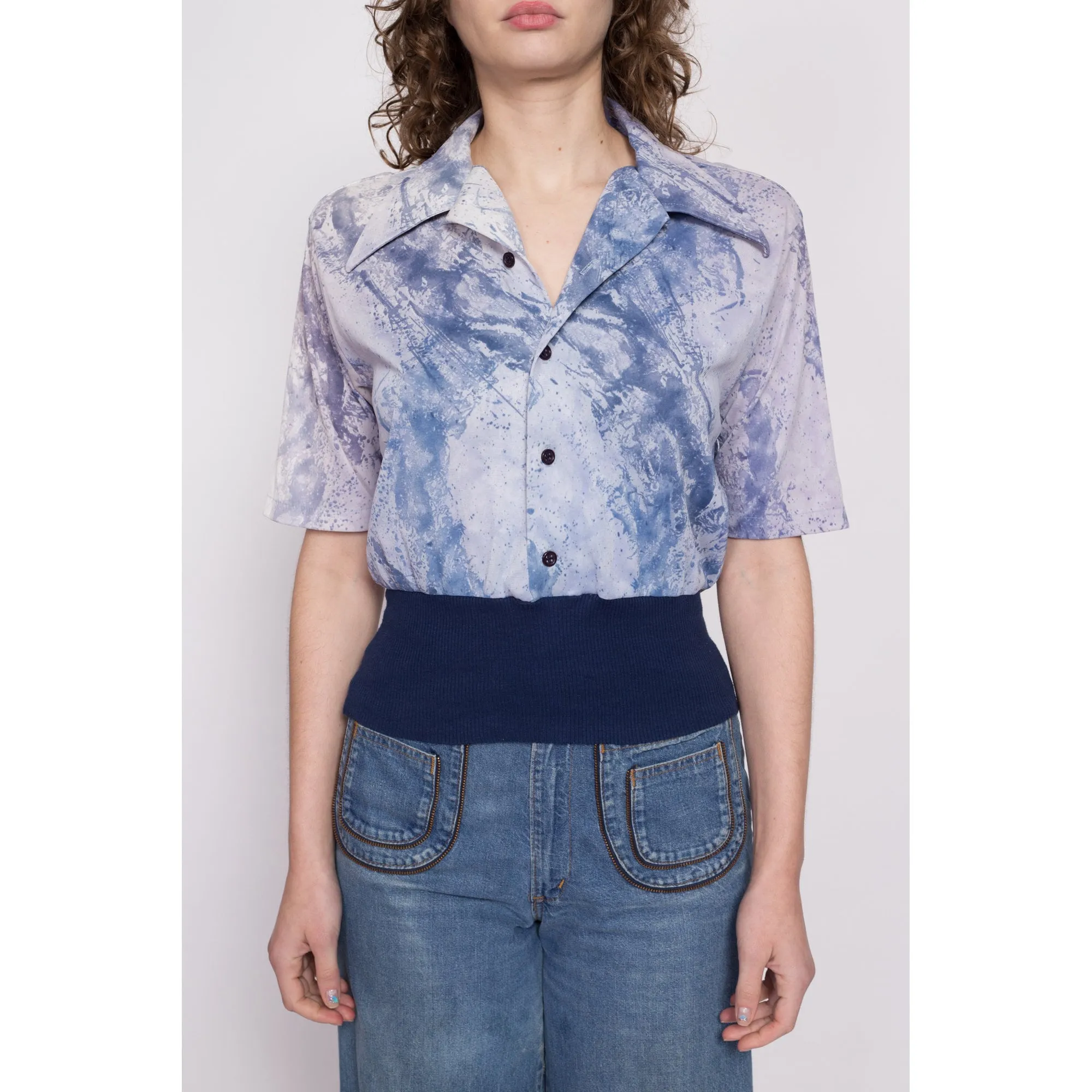 70s Blue Abstract Polo Crop Top - Medium