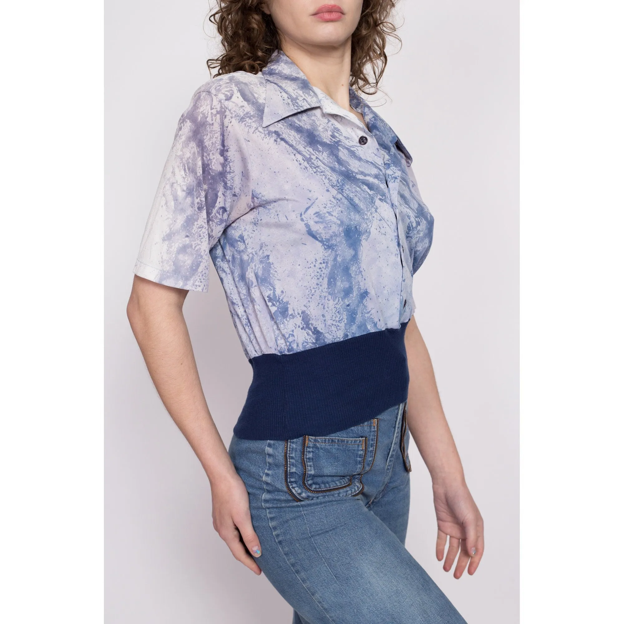 70s Blue Abstract Polo Crop Top - Medium