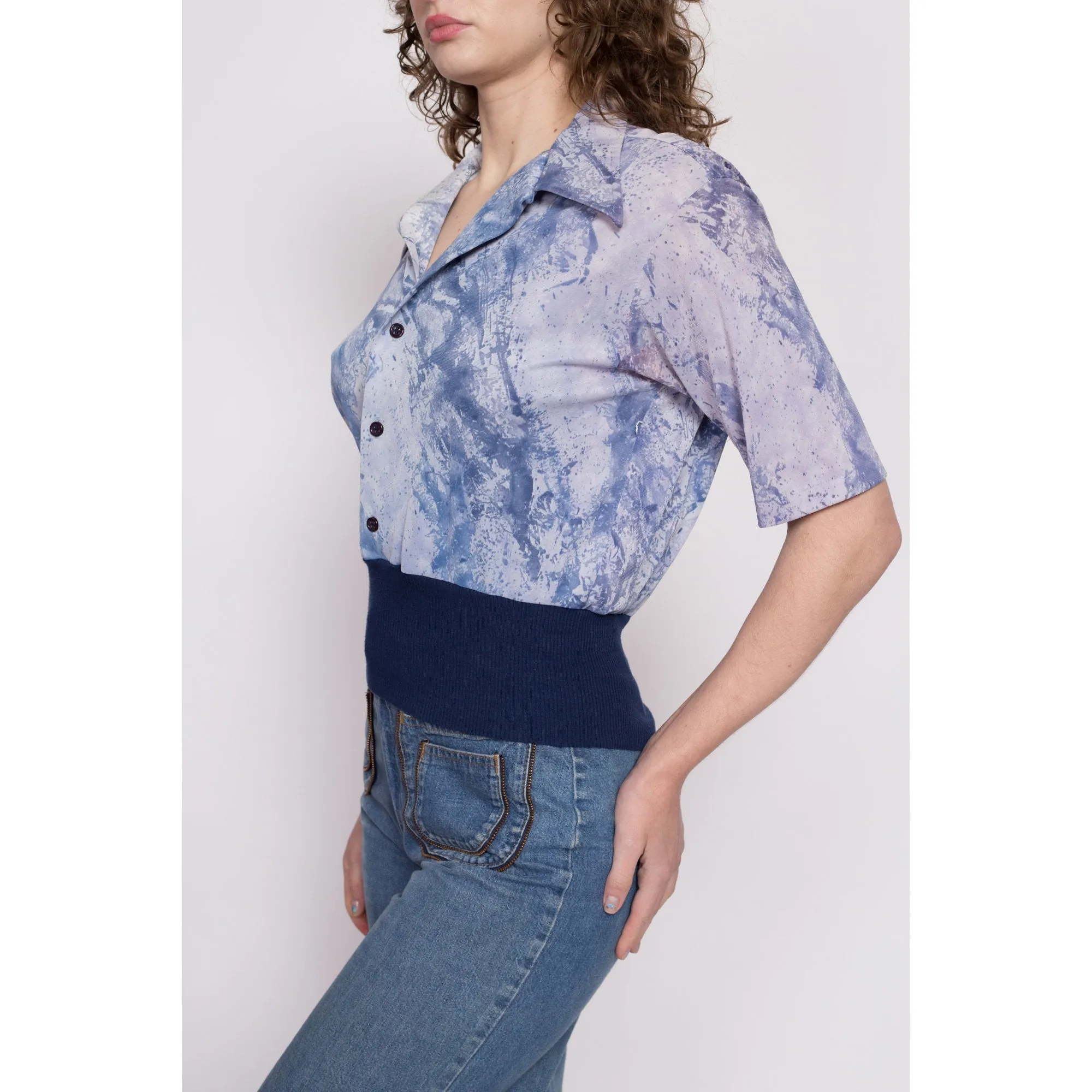 70s Blue Abstract Polo Crop Top - Medium