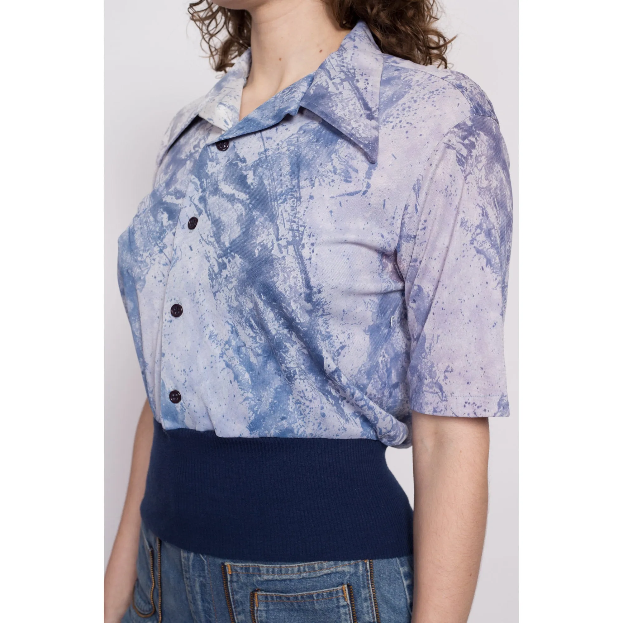 70s Blue Abstract Polo Crop Top - Medium