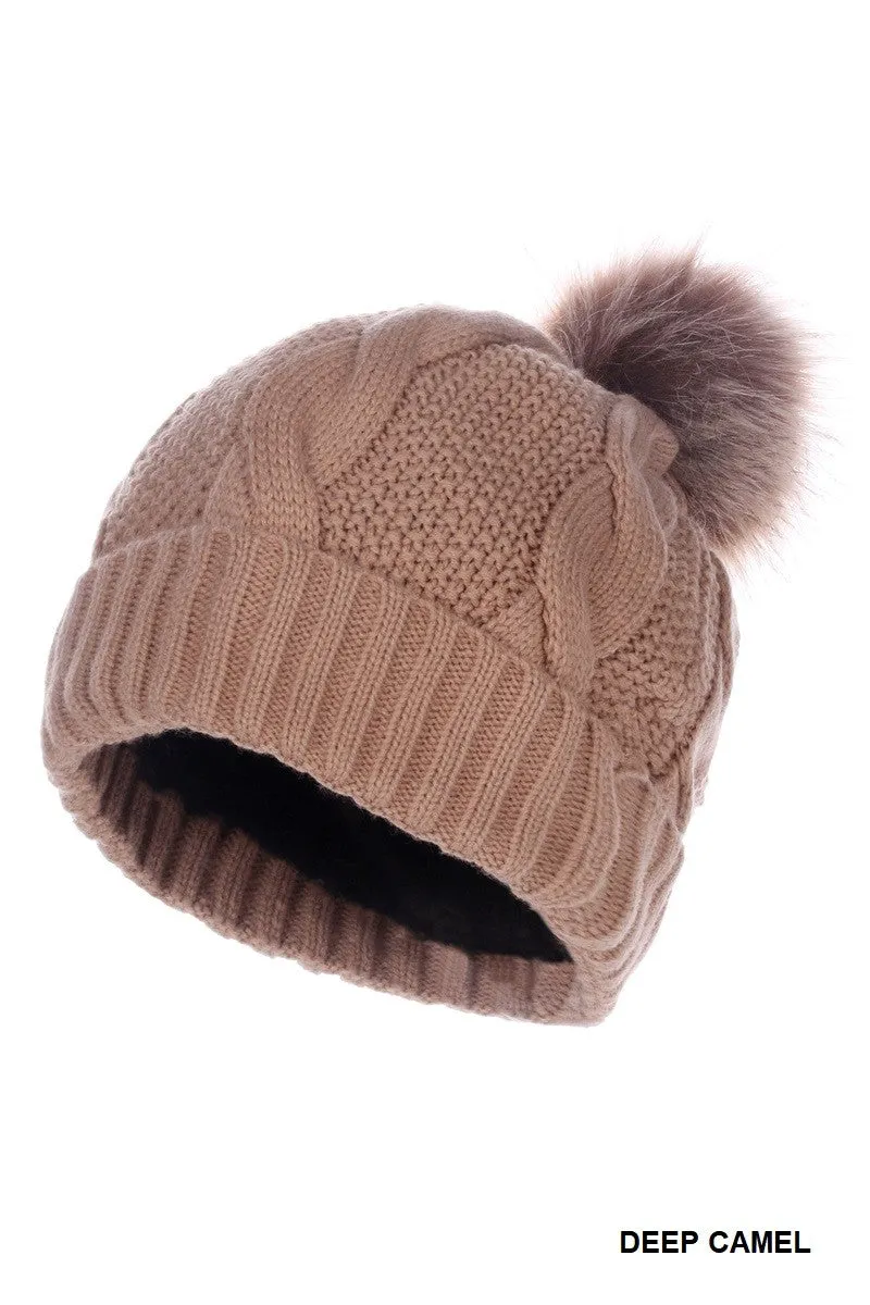 Cable Knit Pom Pom Lined Beanie
