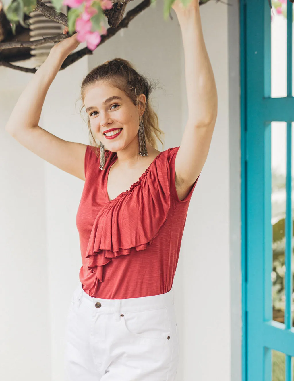 KELSEY double ruffle tee in Red Spice