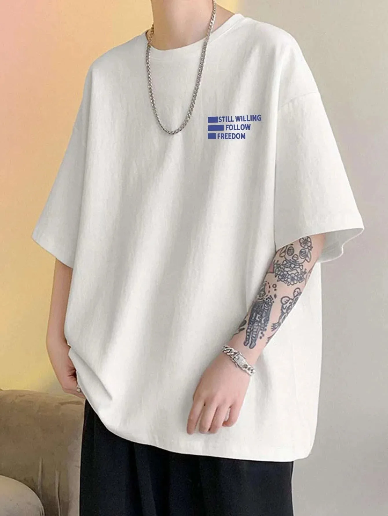 SXV  'Still willing follow freedom’ korean Printed Cool Aesthetic Oversized T-shirt