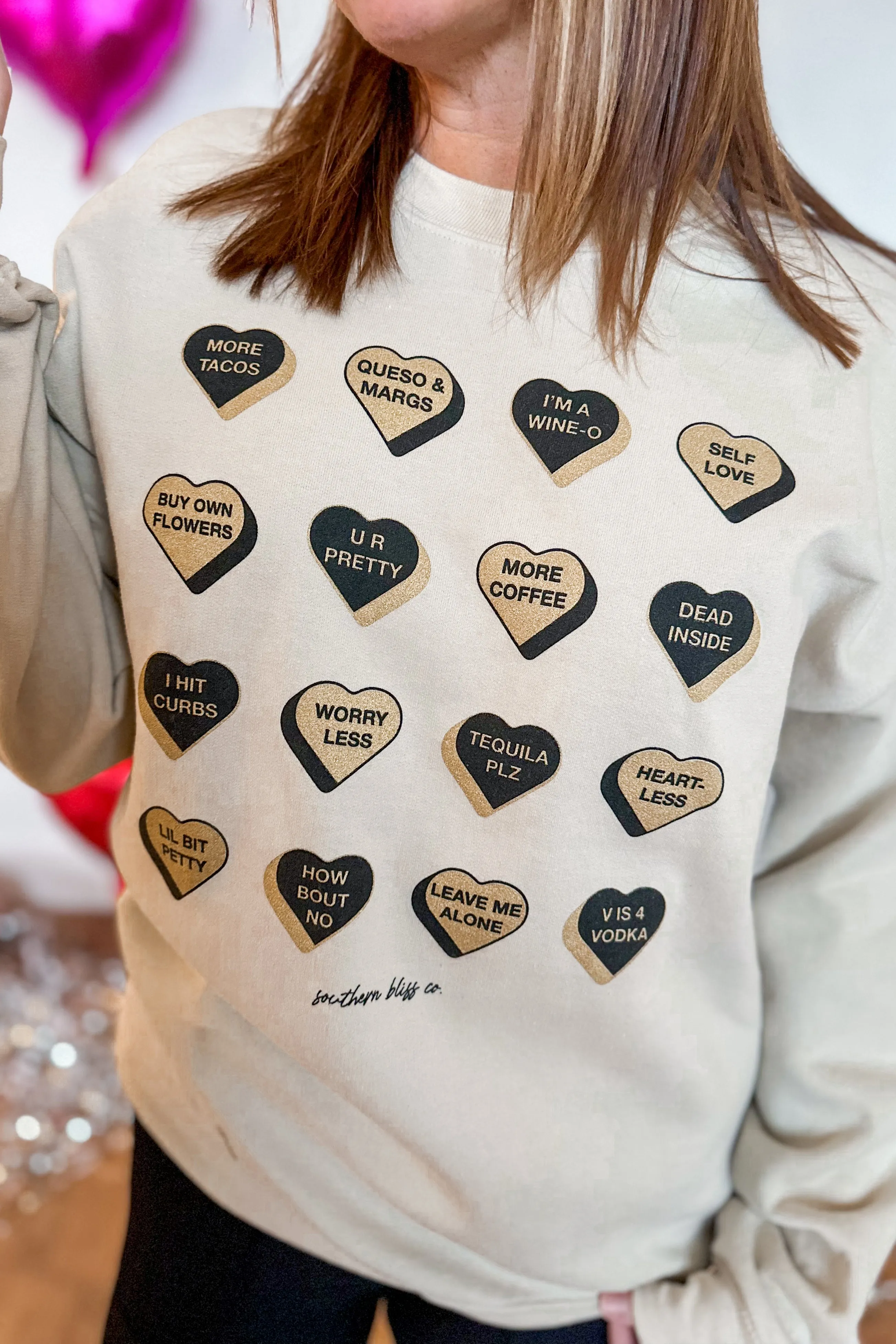 Valentines Glitter Candy Hearts Long Sleeve Graphic Sweatshirt *FINAL SALE*